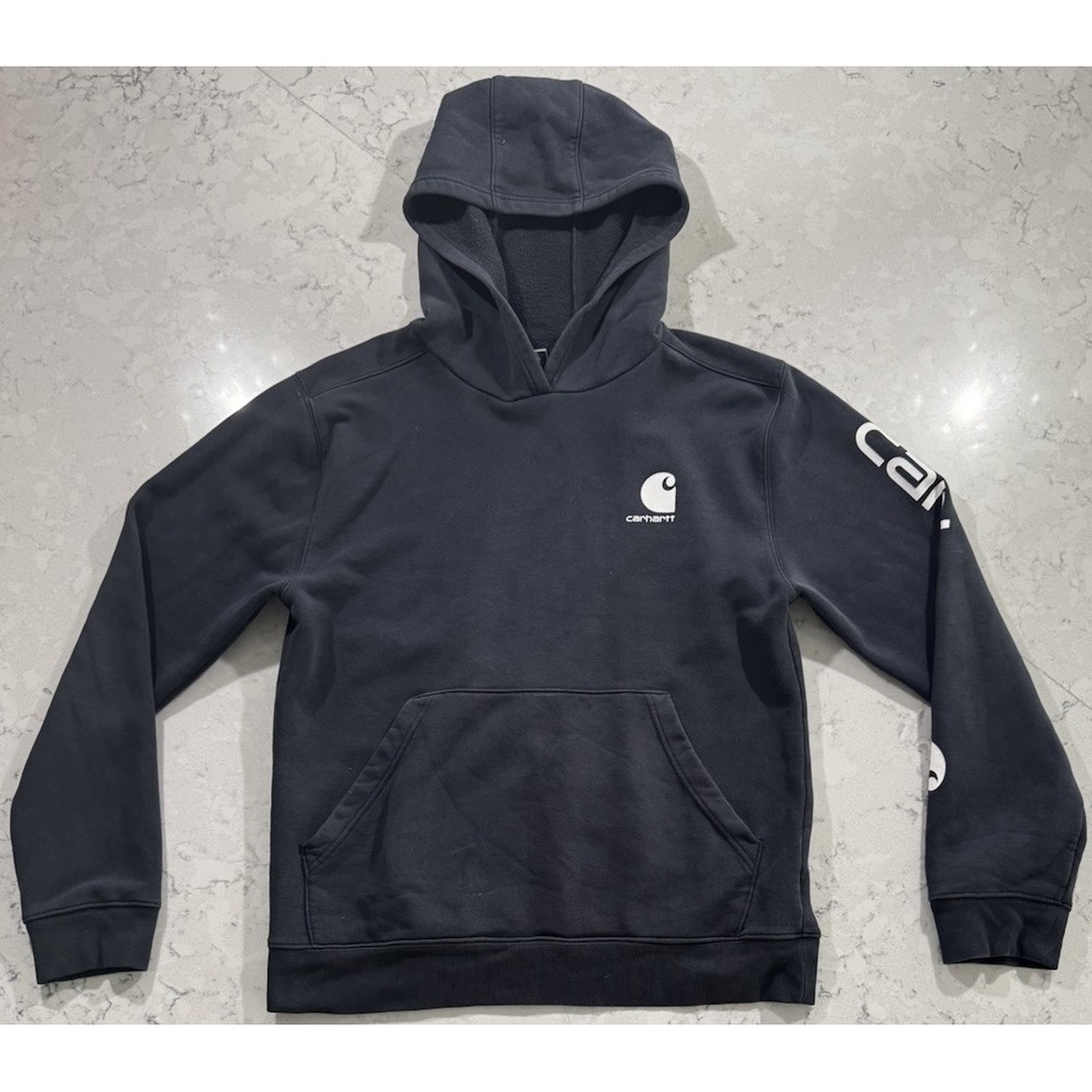 Carhartt Boys Hoodie Size XL 18-20 Black Graphic Logo Pullover Sweatshirt